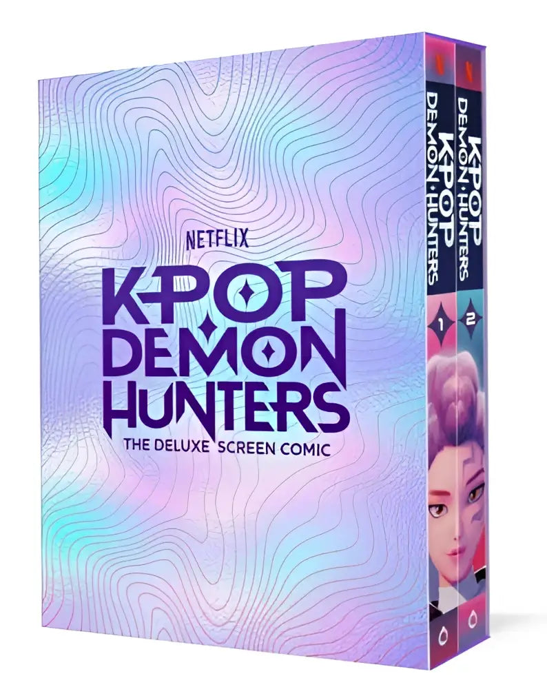 De levendige iriserende boxset van kpop demon hunters the official screen comic heeft een holografisch paarsblauw patroon