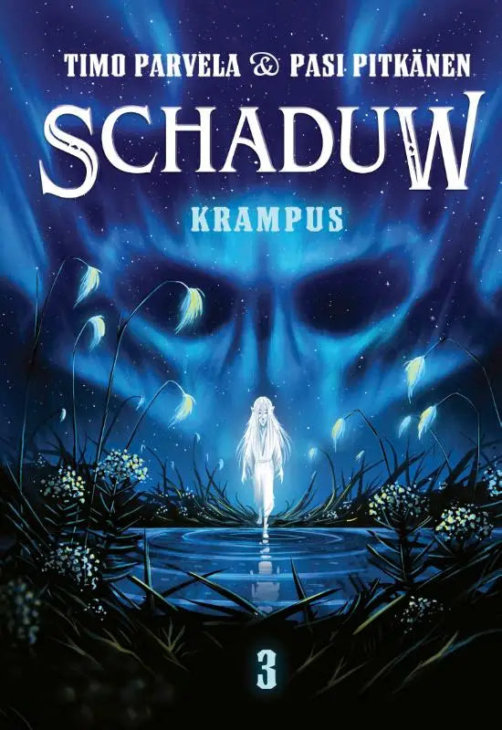 De cover van het stripboek schaduw krampus toont een gloeiende blauwe schedel boven een witte figuur in water voor jonge lezers