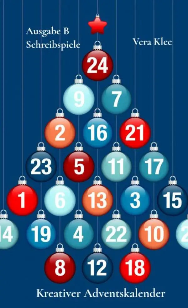Een creatieve blauwe kerstboom adventskalender met genummerde rode, oranje en blauwe ornamenten voor schreibspiele ausgabe