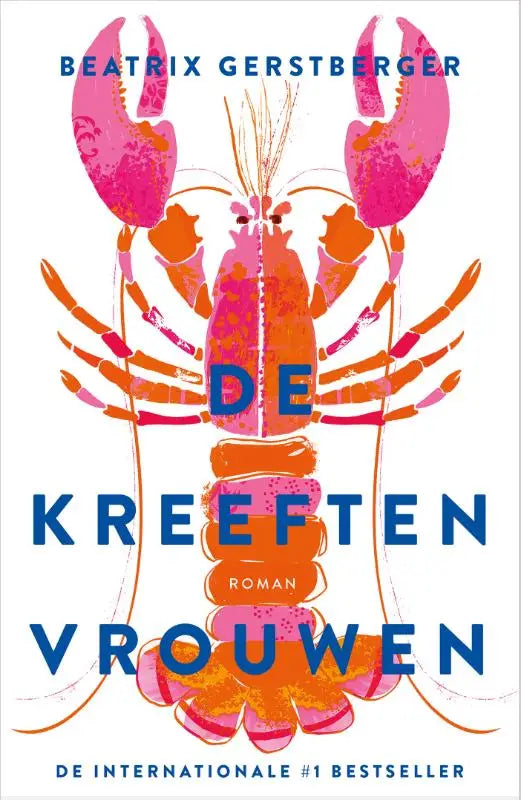 Boekcover van de kreeftenvrouwen met een gestileerde roze en oranje kreeft in grafisch ontwerp