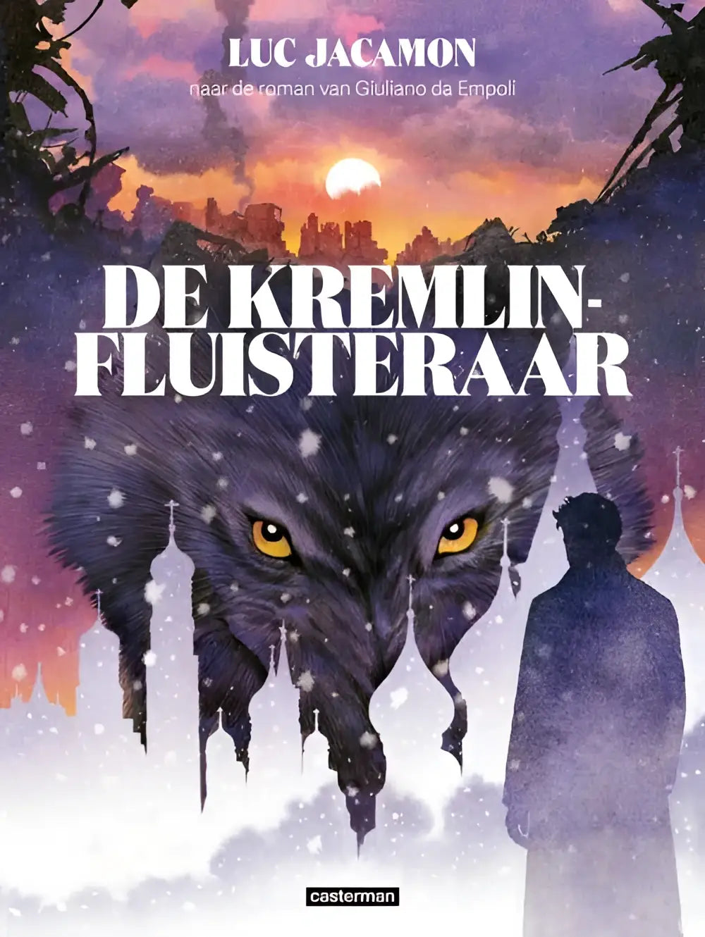 Cover van graphic novel de kremlinfluisteraar met gestileerde zwarte wolf en gloeiende gele ogen in winters landschap