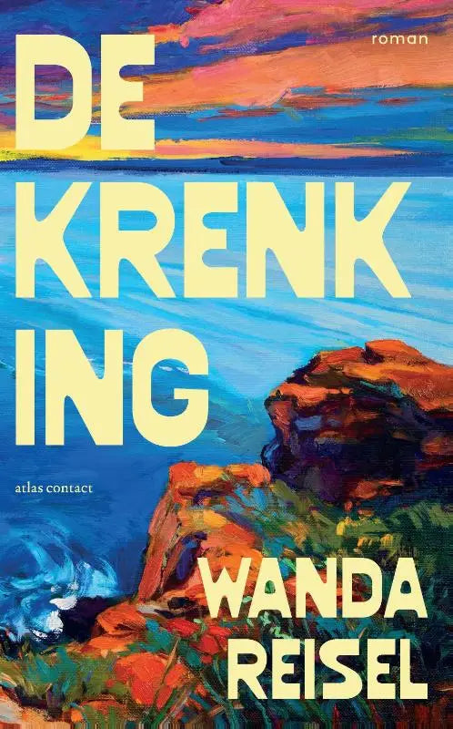 De krenking boek van wanda reisel toont geel vetgedrukte tekst op kleurrijke kustlandschap achtergrond literaire roman atlas contact