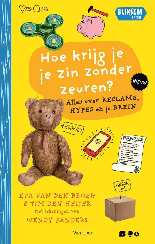 Een bruin, zacht teddybeerknuffel met een eenvoudige gestikte snuit en een rode strik bij het kinderboek hoe krijg je je zin zonder zeuren non-fictie kinderboeken