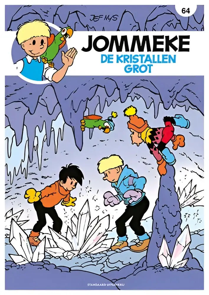 De cover van het stripboek jommeke de kristallen grot toont kleurrijke personages in winterkleding in een ijsgrot