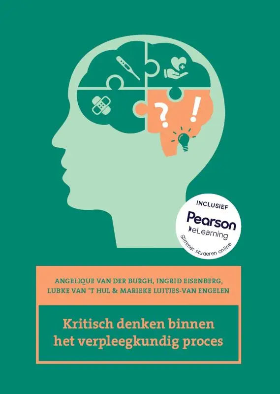 De cover van de boek kritisch denken binnen het verpleegkundig proces toont een groene hoofdsilhouet met puzzelstukken