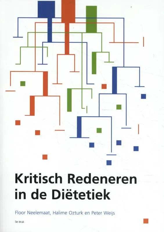 De boekcover van kritisch redeneren in de dietetiek druk 3 toont een abstract ontwerp met blauwe, oranje en groene vormen