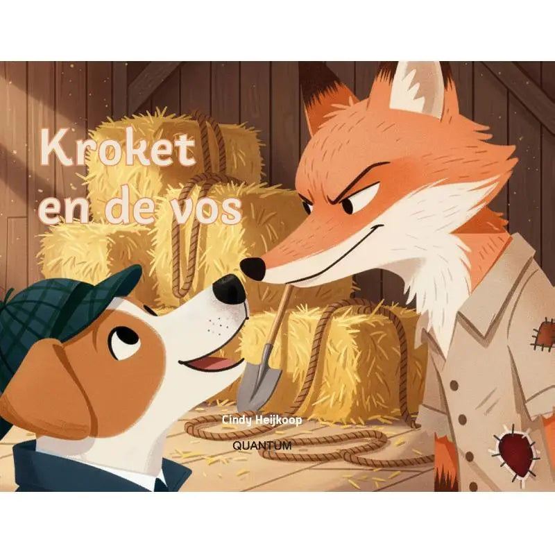 Illustratie van kinderboekcover kroket en de vos met cartoon vos en hond voor hooibalen voor jonge lezers