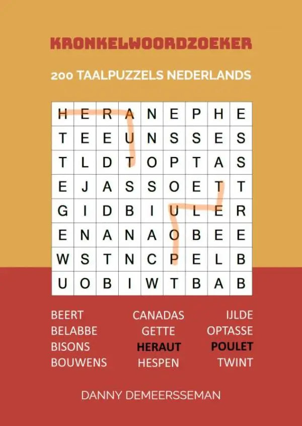 Vibrant oranje en rode taalpuzzels nederlands boekcover met woordzoeker grid en titel kronkelwoordzoeker