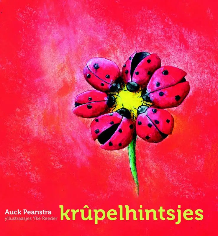 Een krûpelhintsjes product met een levendige rode bloem gemaakt van lieveheersbeestjes met zwarte stippen en een gele kern