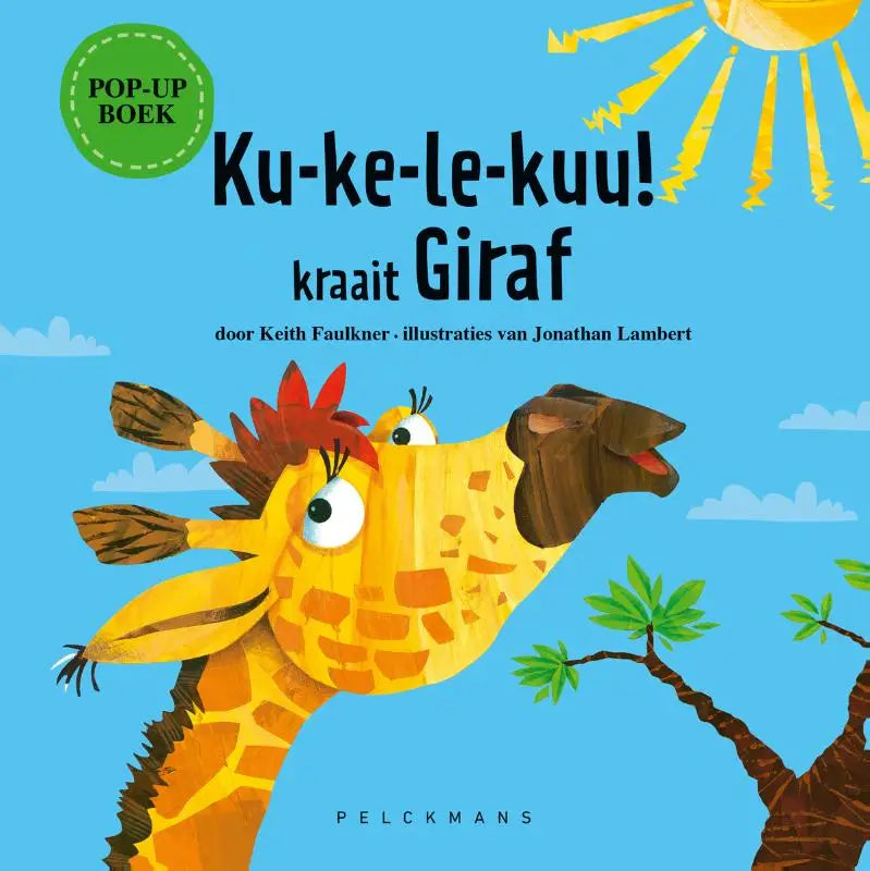 Een vrolijke gele giraffe met oranje vlekken en een rode manen in een kraait giraf pop-up boek voor jonge lezers