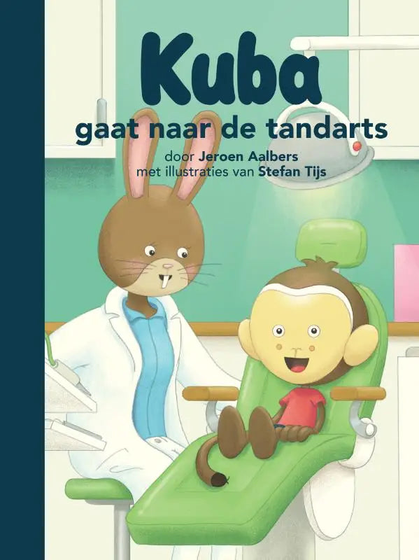Kinderboek cover van kuba gaat met cartoon konijn tandarts en glimlachende aap patiënt in groene tandartsstoel