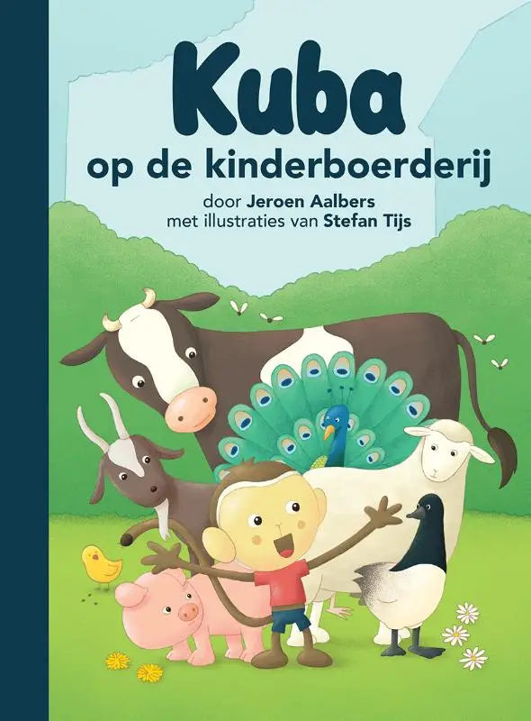 Kinderboek cover met cartoon jongen in rood shirt en blauwe short tussen boerderijdieren voor jonge lezers kuba boekjes