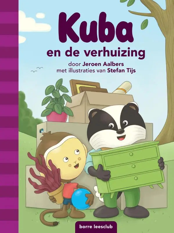Een levendige groene houten ladekast met drie lades en ronde knoppen vastgehouden door een cartoon das voor jonge lezers