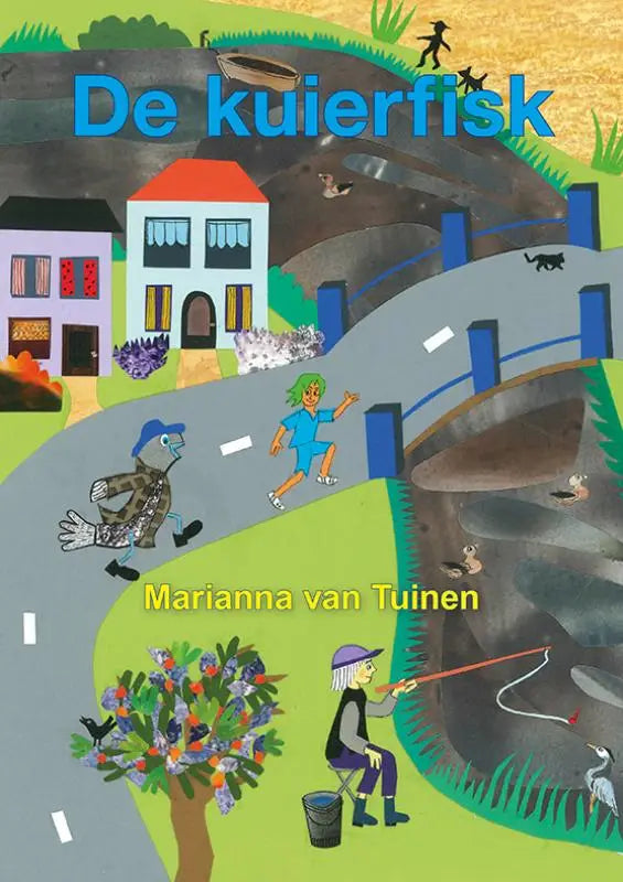 De cover van het kinderboek de kuierfisk van marianna van tuinen toont een kleurrijke illustratie met cartoonfiguren en gebouwen