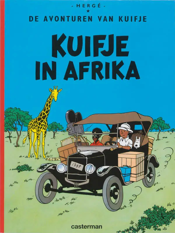 Zwarte vintage safari auto met bruine canvas top en houten kratten zijdezels algemeen casterman strips kuifje in afrika