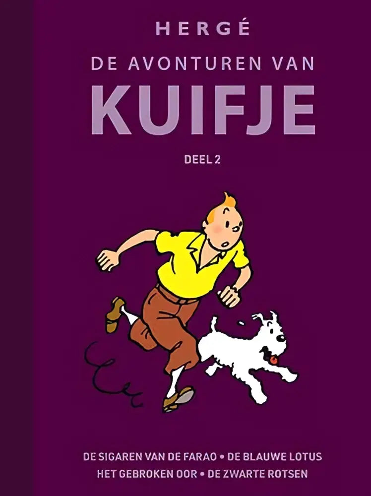 Paars boekomslag kuifje integraal 2 met kuifje in geel shirt en sneeuwy rennend casterman strips strips algemeen