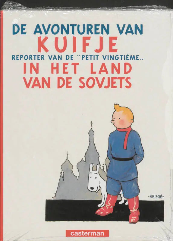 Blauwe en rode geïllustreerde kaft van kuifje in het land van de sovjets met kuifje en sneeuwy voor russisch gebouw casterman strips strips algemeen