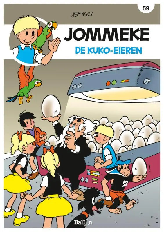 De cover van de jommeke strip de kuko-eieren van jef nys toont een kleurrijke cartoon met personages en eieren onder een machine
