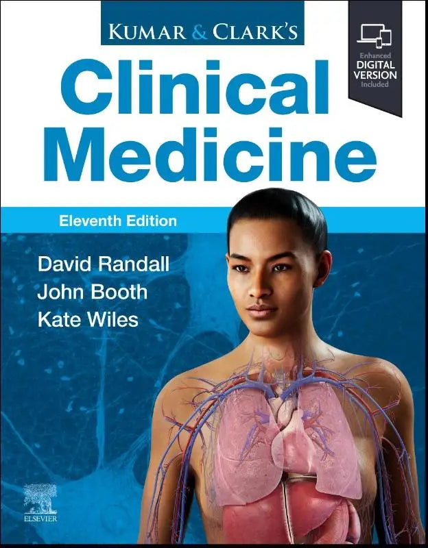 Eleventh edition kumar and clark’s clinical medicine textbook with blue cover showing lungs and heart illustration