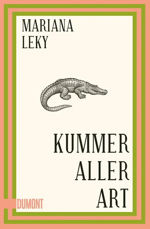 Een creamkleurig boek omslag met een zwart-witte geïllustreerde alligator en groene en perzikkleurige randen voor kummer aller art