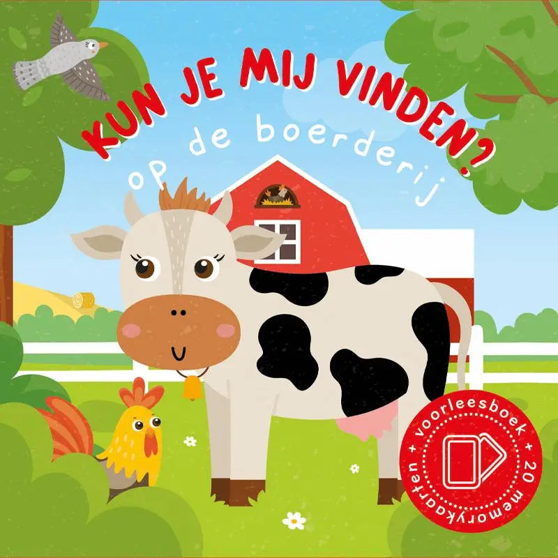 Cartoon koe met zwart-witte vlekken en bruine neus voor rode schuur in voorleesboek kun je mij vinden voor jonge lezers