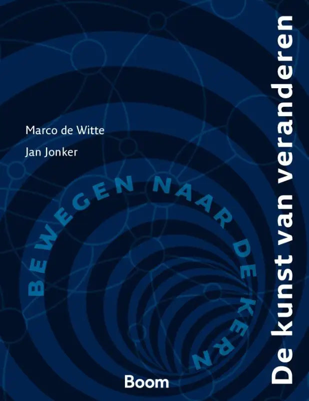 Blauw boek de kunst van veranderen met concentrische cirkelpatronen en witte tekst op de omslag