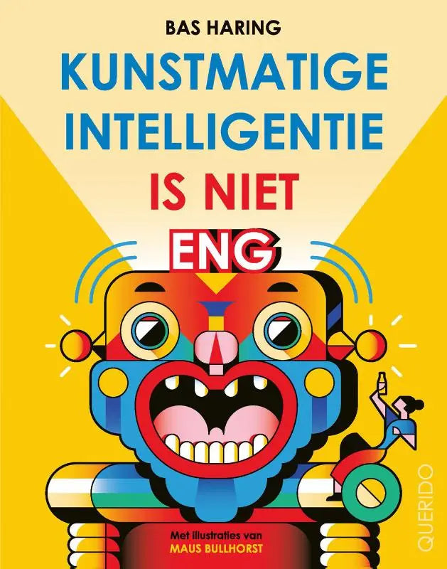 Vibrante gestileerde robotillustratie met gedurfde rode blauwe en gele geometrische vormen voor jonge lezers over kunstmatige intelligentie
