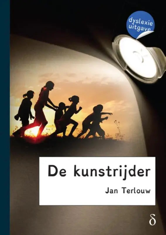 De kunstrijder boekcover met zilveren bureaulamp en silhouetten van spelende kinderen tegen een warme zonsondergang