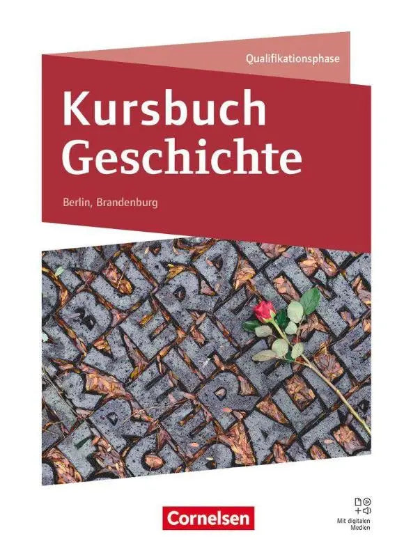 Rood omslag kursbuch geschichte berlin brandenburg met digitale media met afbeelding van roos op gegraveerd metaal