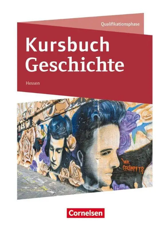 Rood omslagen kursbuch geschichte für hessen mit digitalen medien und stilisierte mural zwei gesichter mit blauen haaren