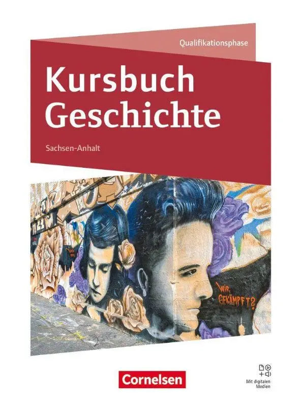 Rood kursbuch geschichte sachsen-anhalt 2026 met digitale media met graffiti stijl gezicht en paarse rozen