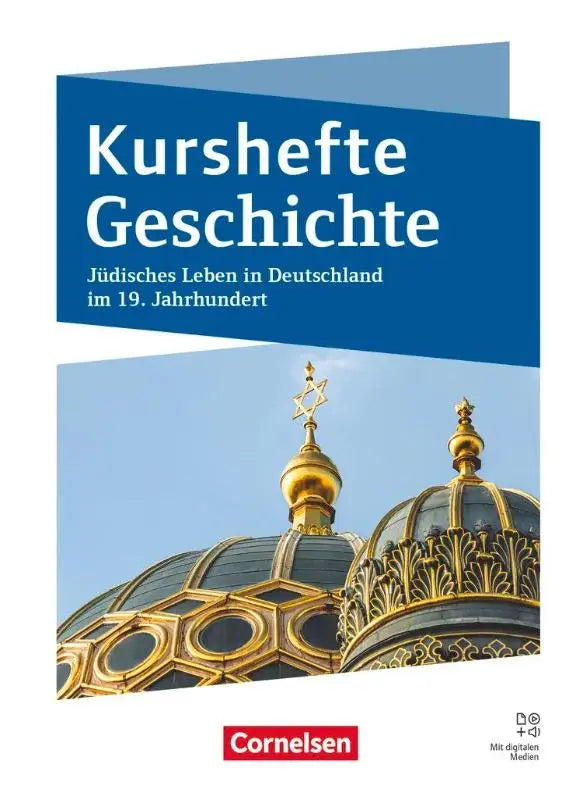 Blauw omslag van een kurshefte geschichte werkboek met gouden koepels en sterren, mit digitalen medien voor onderwijs