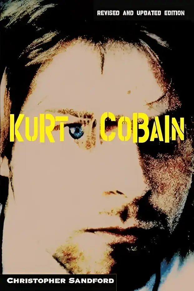 Gele tekst kurt cobain op een gestileerd hoogcontrast portret van de muzikant op een kurt cobain product