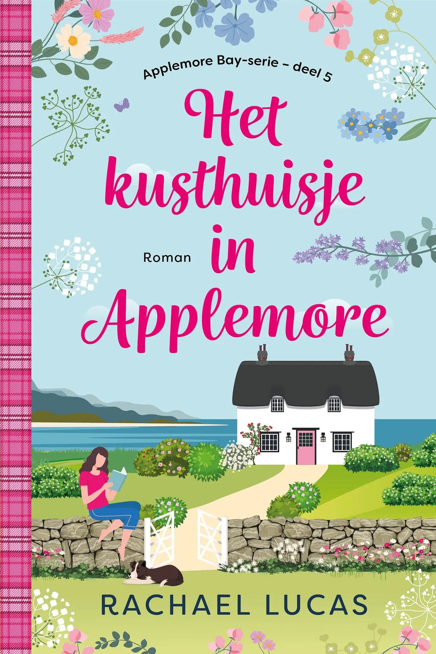 Pink cursief titel tekst het kusthuisje in applemore boven illustratie van wit huis met zwart rieten dak en roze deur in feelgood romance van rachael lucas in applemore bay
