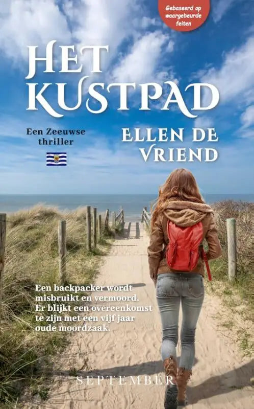 Een vibrante rode rugzak met minimalistisch ontwerp gedragen door persoon op zandpad bij het kustpad literaire thriller uitgeverij september