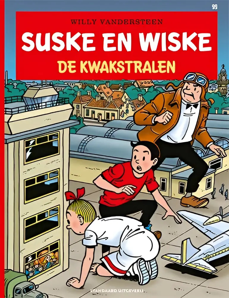De cover van het stripboek suske en wiske de kwakstralen door Willy Vandersteen met kleurrijke illustraties