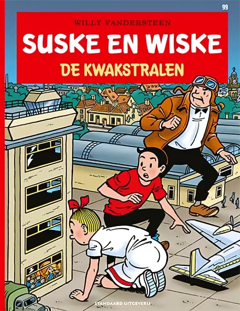 De cover van de strips algemeen comic suske en wiske de kwakstralen door willy vandersteen met drie personages en stedelijke achtergrond