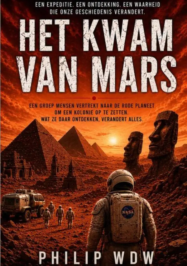 Achterzijde van een nasa-astronautenpakken met wit helm en grijs pak in het product het kwam van mars die onze geschiedenis verandert