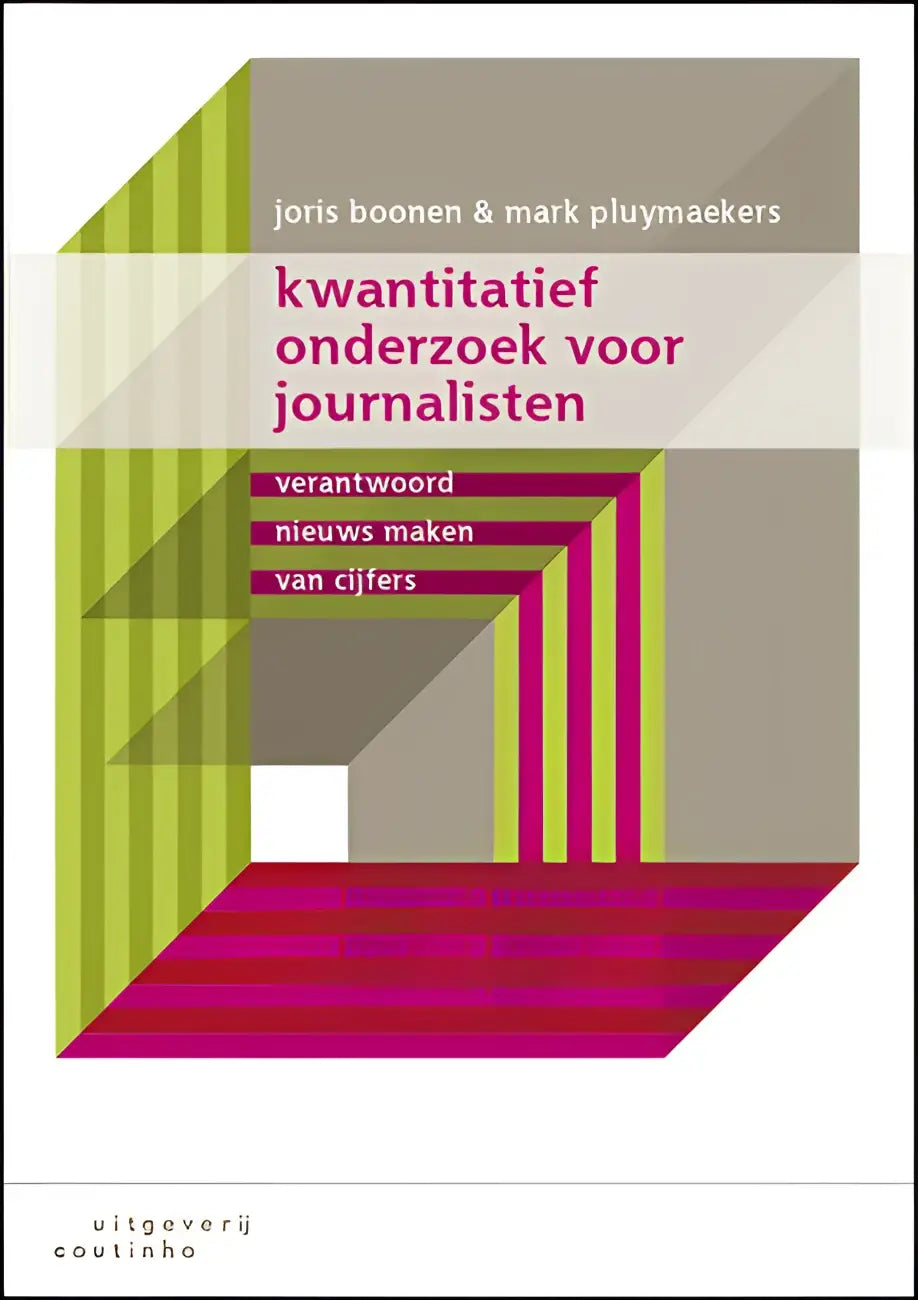 Het boek kwantitatief onderzoek voor journalisten toont een geometrisch ontwerp met groene, roze en beige strepen