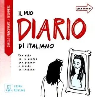 De boekcover van il mio diario di italiano niveau principiante toont rode letters en tekeningen die elke dag voorstellen