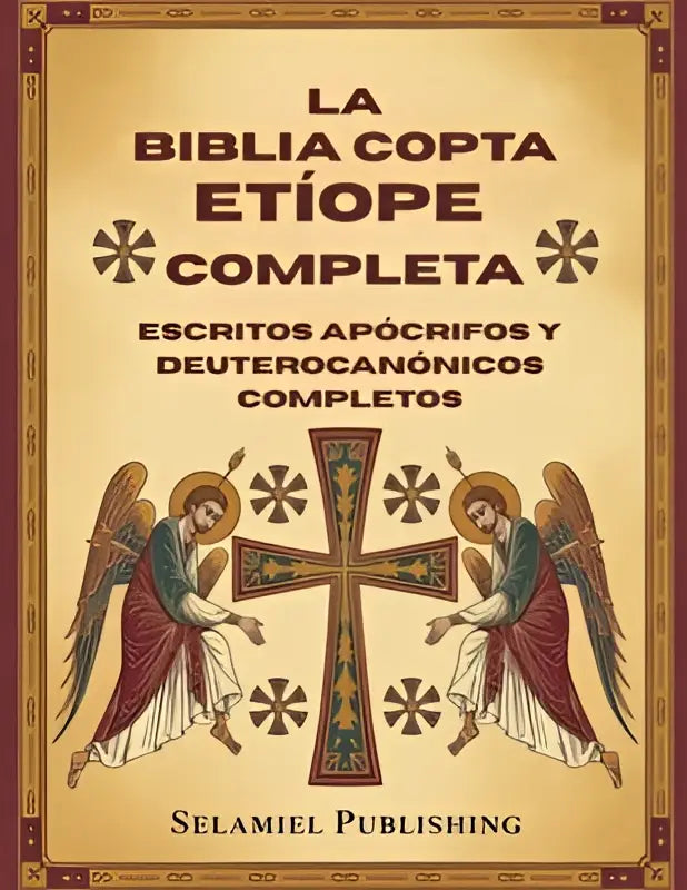 De biblia copta etíope completa met ornaten goudbruine omslag en engelen naast een ingewikkeld kruis