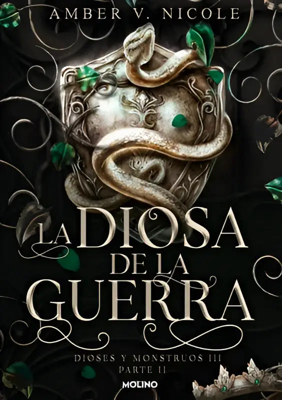De roman la diosa de la guerra toont een zilveren masker met groene edelstenen en een slang voor the cursed queen
