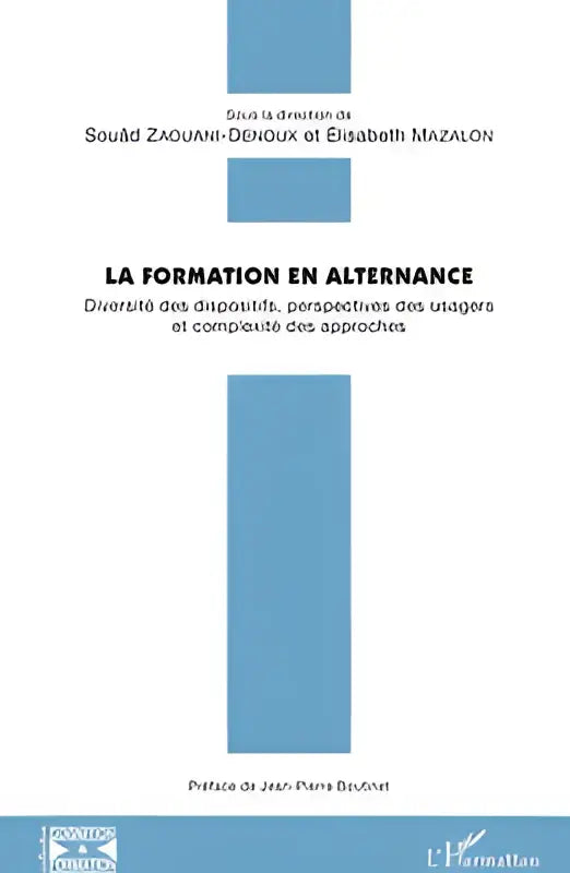 De boekcover van la formation en alternance toont een minimalistisch ontwerp met verticale blauwe panelen en benadrukt diversiteit des dispositifs en des usagers