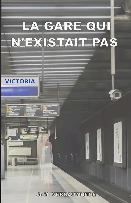Een vervaagde zwart-witfoto van een treinstation platform met het bord victoria en de tekst la gare qui n’existait pas