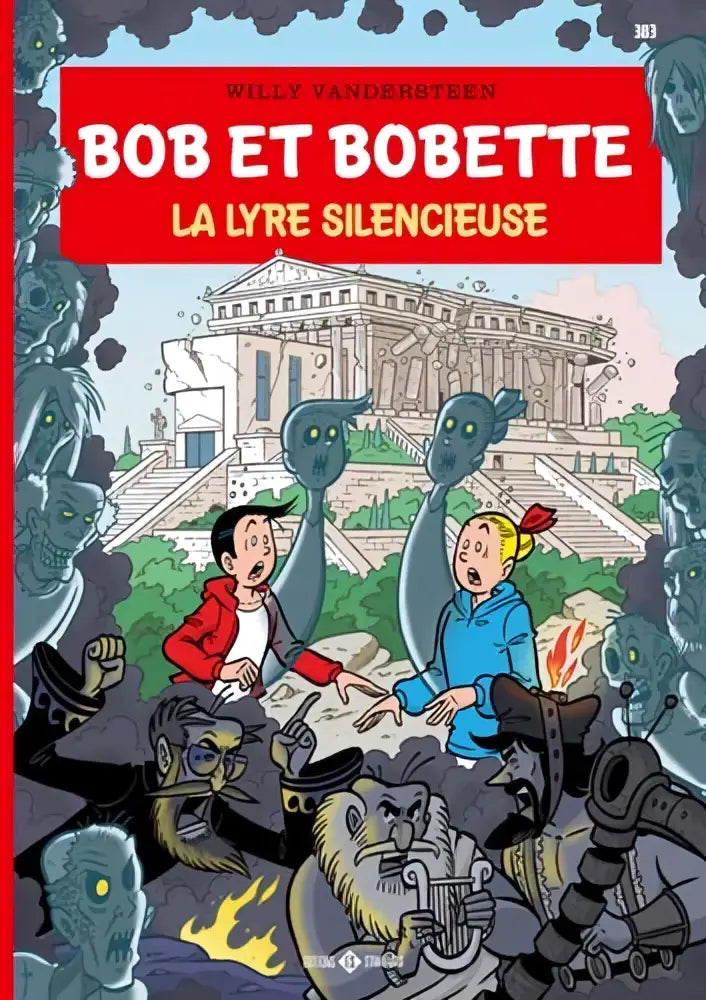 De cover van de comic bob et bobette la lyre silencieuse door willy vandersteen toont kleurrijke kinderen met groene wezens en ruïnes, strips algemeen