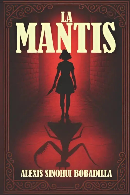 De cover van la mantis door alexis sinohui bobadilla toont een silhouet van een vrouw op een grote bidsprinkhaan tegen een rood achtergrond