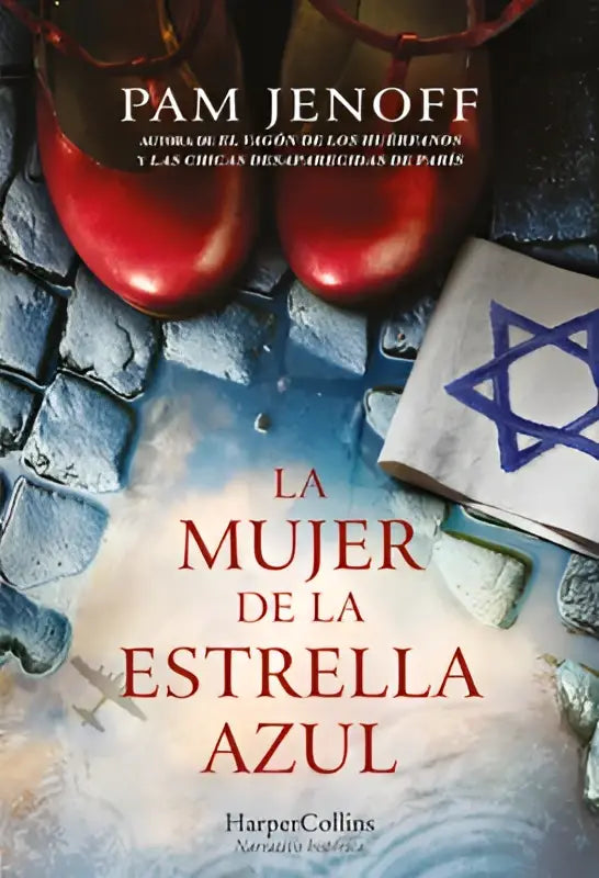 Rode lederen schoenen op kasseien naast een gevouwen wit doek met een blauwe ster van david in la mujer de la estrella azul