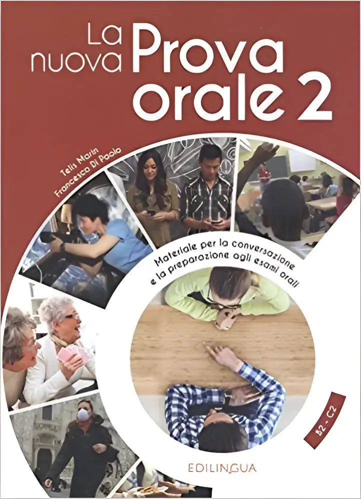 De cover van la nuova prova orale 2 toont een cirkelvormige collage van mensen in gesprek voor taalstudie