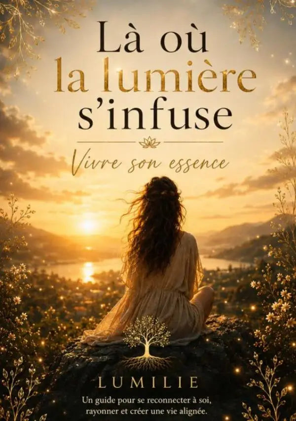 De boekcover van la où la lumière s infuse toont een vrouw in aardsgekleurde jurk op een klif bij zonsondergang voor vivre son essense