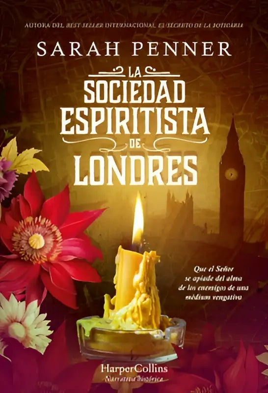 De boekcover van la sociedad espiritista de londres toont een brandende kaars in glas en rode bloemen tegen een sierlijke achtergrond